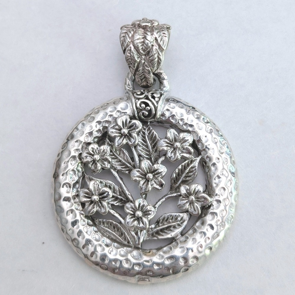 Sarda Sterling Silver 925 Floral Garden Circle Pendant Hammered Texture 17g